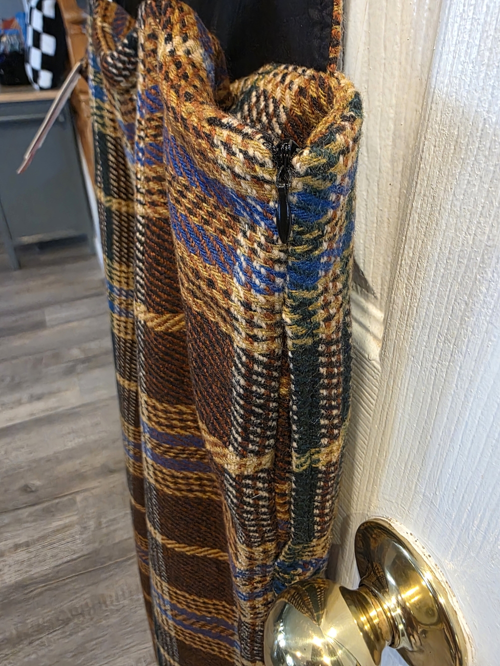 Cider Brown Plaid Cropped Overall Jumpsuit with Blue & Gold Accents - Picture 6 of 7